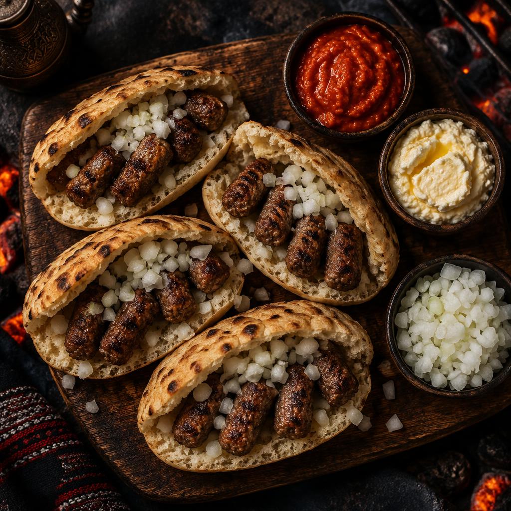 Ćevapi u lepinji s lukom, ajvarom i kajmakom